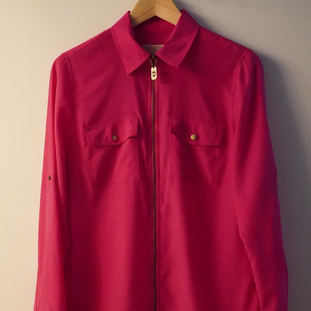 Fuschia Hot Pink Michael Kors Zip Up Long Sleeve Blouse (Medium)